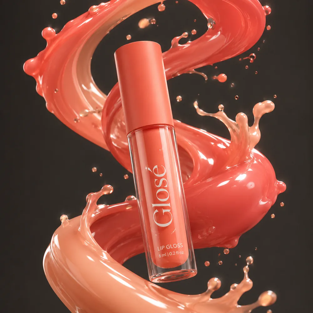 Glosé lip gloss with a coral gloss splash
